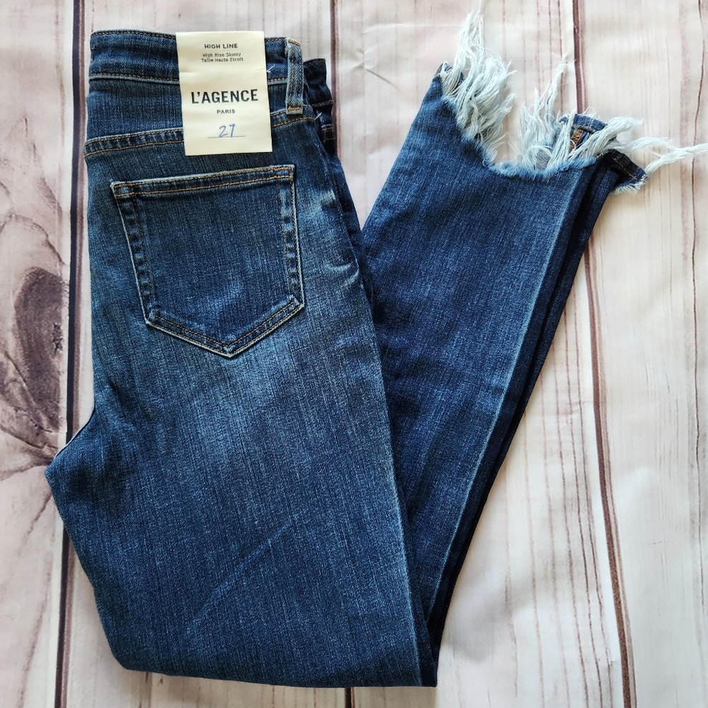 NWT L'Agence "High Line Skinny" Jeans Classic Vintage Stripe Destruct Blue 27 - Picture 1 of 14
